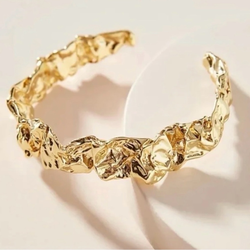 Amber Sceats Crushed Metal Design 24K Gold Plated Emery Cuff Malleable Bracelet